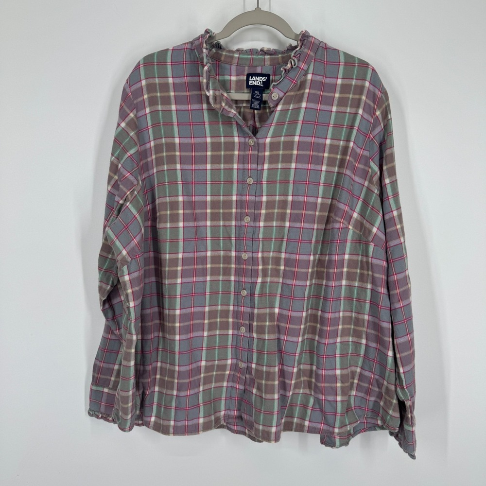 Lands End Womens 3X 100% Cotton Button Down Ruffle Trim Pastel Plaid Flannel
